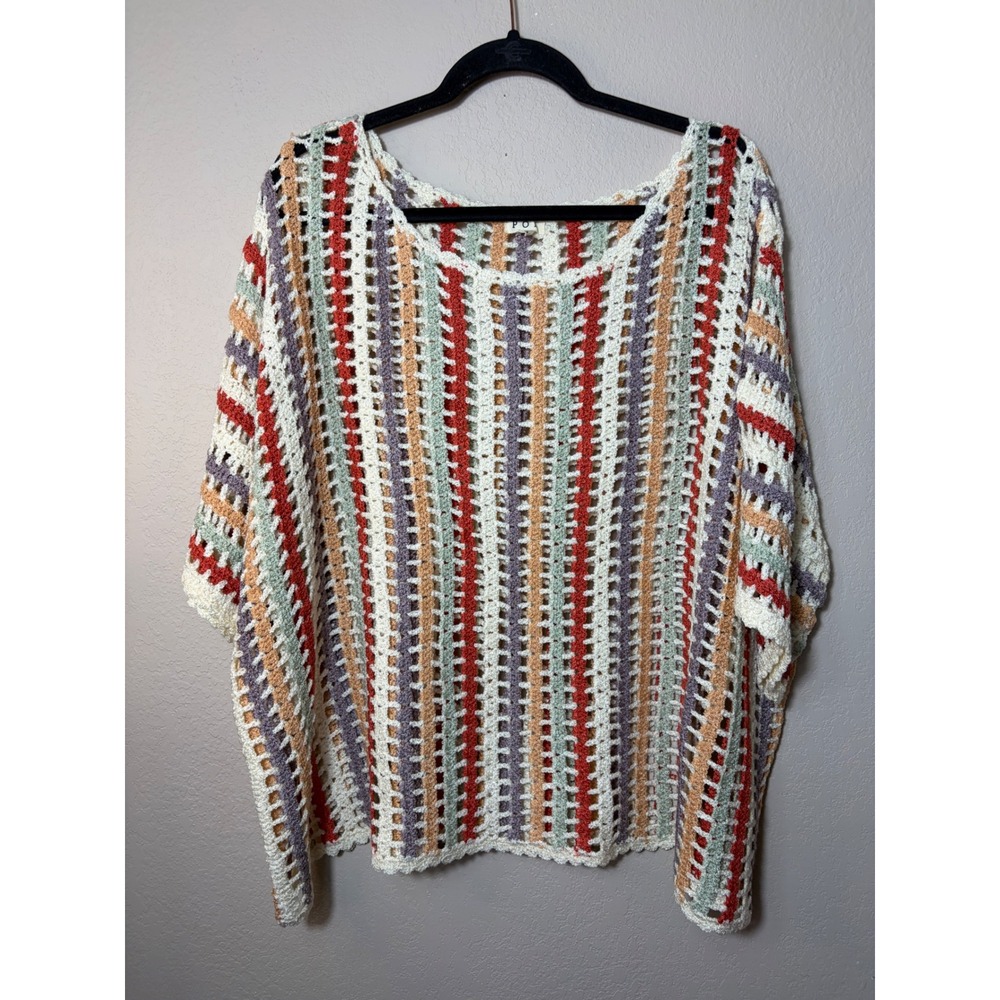 POL Crochet Striped Top Multi Color Boho Open Knit BST163A Small oversized